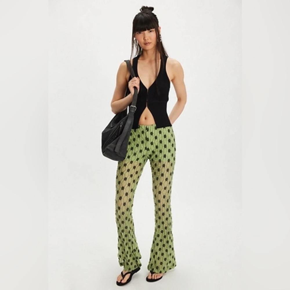 NWOT Free People Margot Lace Flare Pants Green Semi Sheer Pull On XS